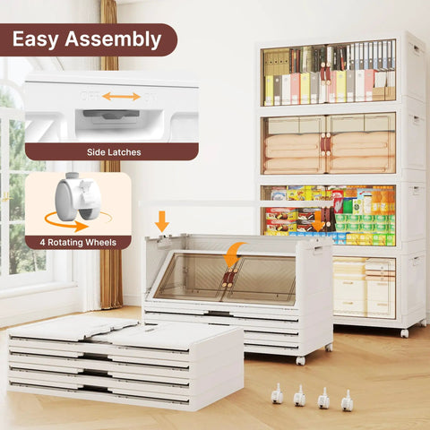 No Hassle Mega Extra Large Four Tier Stackable Storage Bins With Smooth Roll Away Wheels And Locking Door Panels for easy assembly and organization.