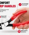Heavy Duty 7 Inch High Leverage Diagonal Cutting Pliers With Angled Head For Precision Flush Cuts And Smooth Wire Snipping Action That Makes Short Work Of Electrical And Craft Projects Professional Grade Hardware No Sweat Guaranteed, showing ergonomic red grips.