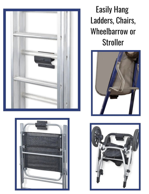 Rock Solid Heavy Duty Ladder Hook Wall Mount, Black Carbon Steel Garage Storage Hanger hanging a ladder and folding chair.