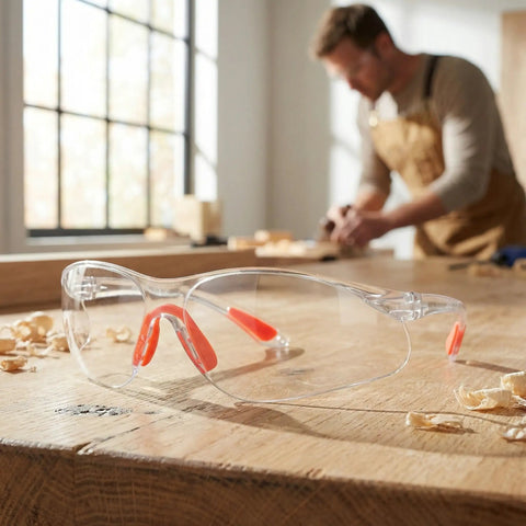 Straight Up Durable Four Pack Kickass Wraparound Safety Glasses Featuring Soft Silicone Frames And Ansi Z871 Certified Lenses For Slick Everyday Eye Protection That Hits Just Right on a wooden workbench.