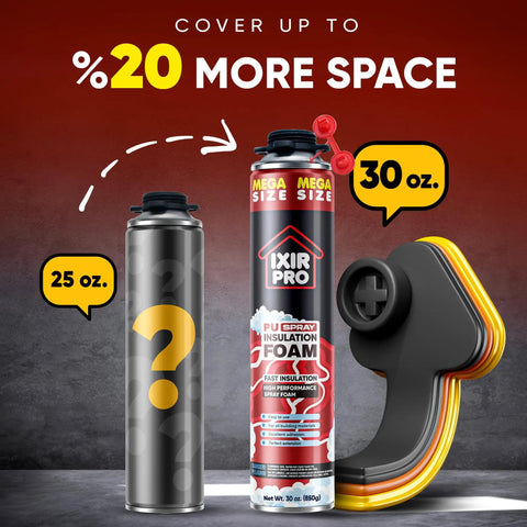 Supercharged Expanding Foam Insulation And Premium Gap Sealant Spray 30 Oz Cans with nozzle and comparison to 25 Oz can.