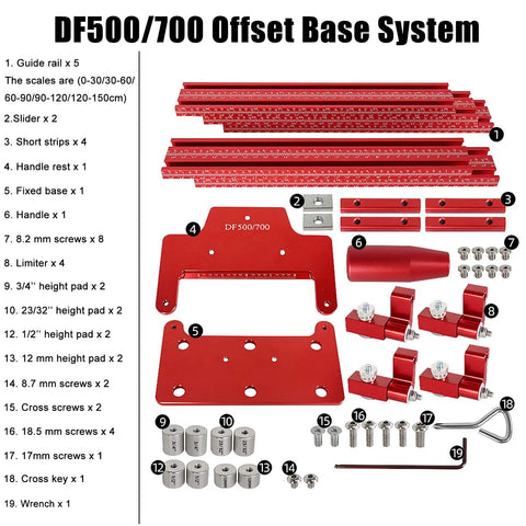Beefy Offset Base System With Parallel Guide For Woodworking, 59 Inch Outrigger Bar, shown disassembled with components labeled