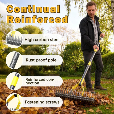 Heavy Duty Dual-Action Dethatching Rake With 19-Tine Design in use for lawn care, shown with highlighted features and specifications.