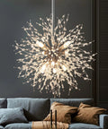 Modern Crystal Chandeliers Dandelion Firework Sputnik Pendant Lighting Eight Light Fixtures with G9 Bulbs in a living room setting.