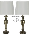 Two Pack Antique Brass Table Lamp Set Built Tough Metal Construction White Linen Hardback Shade And Touch Control Switch