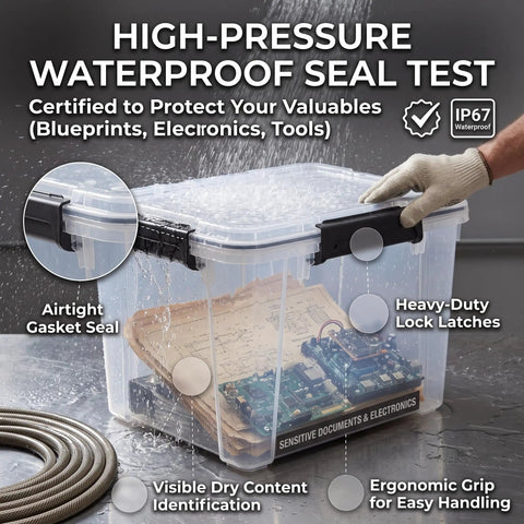 Kickass Heavy Duty 19 Quart Storage Bin With Airtight Gasket Lid Clear Stackable Plastic Crate protecting contents from water test.