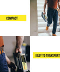 Person carrying Ladder Aide Pro Foldable Ladder Leveler And Stabilizer For Single And Extension Ladders up stairs, compact design.