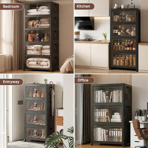 Huge 1280QT Stackable Storage Bins With Secure Snap Tops Featuring Slick Collapsible Cabinet Frame Rock Solid Plastic Drawers With Clear Front Panels For Easy Reach organized in bedroom, kitchen, entryway, and office.