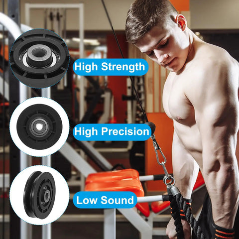 Badass Double Pack Premium Nylon Bearing Pulley Wheel Set 75mm detailed view showing high strength, precision, low sound features during workout.
