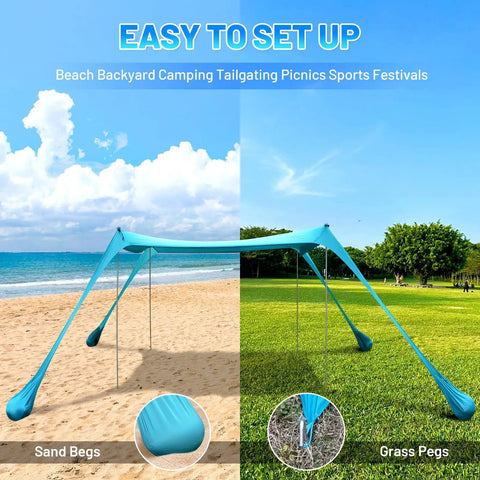 Pop Up Beach Tent Sun Shelter Grande 10x10ft Canopy with 4 Stability Poles on beach and grass, easy setup shown