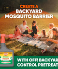 Family enjoying outdoors with Backyard Bug Control Pretreat 32 Oz for Outdoor Insect Protection bottle in foreground.