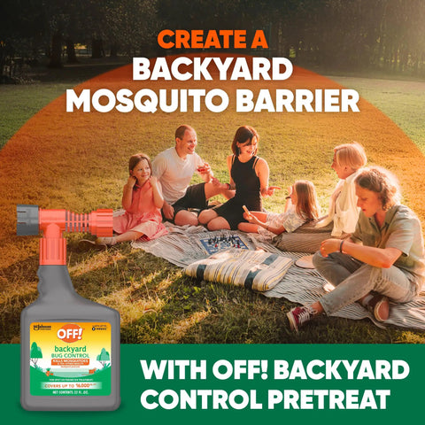 Family enjoying outdoors with Backyard Bug Control Pretreat 32 Oz for Outdoor Insect Protection bottle in foreground.