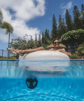 Person enjoying on Motorized Pool Tube Float For Adults Pro 3.0 With 66W Motor Joystick Steering Phone Holder And Cup Holder Blue Finish