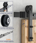 All In One Heavy Duty Sliding Barn Door Hardware Kit features heavy duty steel rail, nylon pulleys, and 220lbs weight capacity.