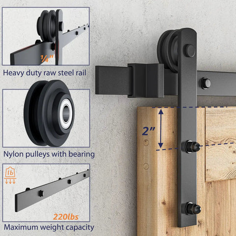 All In One Heavy Duty Sliding Barn Door Hardware Kit features heavy duty steel rail, nylon pulleys, and 220lbs weight capacity.