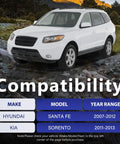 White SUV on rocky terrain with compatibility details for Hyundai Santa Fe 2007-2012 and Kia Sorento 2011-2013.