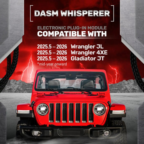 DASM Whisperer for Jeep Wrangler JL 2025 2026 plug-in module with compatibility details on a dramatic red backdrop.