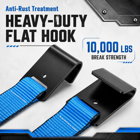 Heavy Duty Tow Dolly Basket Straps With Flat Hook 10000 Lbs Break Strength featuring anti-rust black hooks and blue webbing.