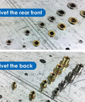 Rivet nut assortment: front view shows brass and zinc nuts; back view shows knurled nuts.