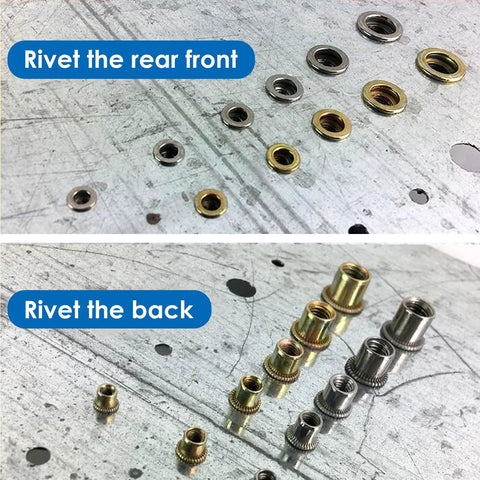 Rivet nut assortment: front view shows brass and zinc nuts; back view shows knurled nuts.