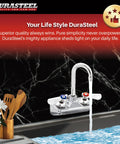 Wall Mount Commercial Hand Sink Faucet With 4 Inch Center, 3-1/2 Gooseneck Spout Rotates 360 Degrees in a kitchen setting