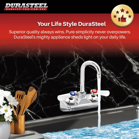 Wall Mount Commercial Hand Sink Faucet With 4 Inch Center, 3-1/2 Gooseneck Spout Rotates 360 Degrees in a kitchen setting