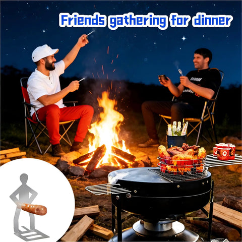 Funny Man Shaped Hot Dog Holder For Grilling Hands Free Stainless Steel Sausage Stand at outdoor campfire gathering