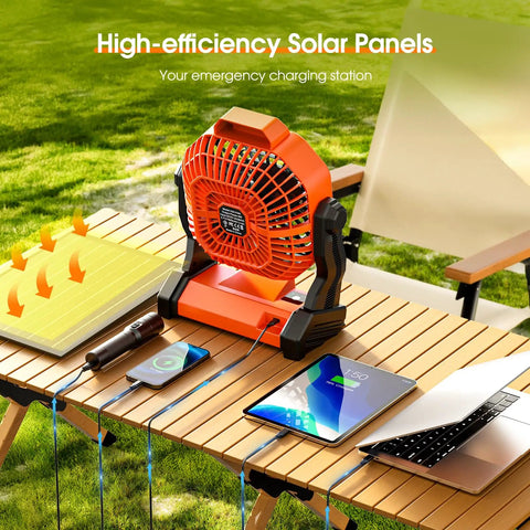 Rechargeable Solar Camping Fan with LED Lantern charging devices on a wooden table outdoors with solar panel