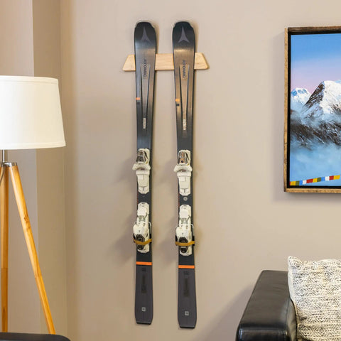 Dope Horizontal Wood Ski Rack Wall Mount With Calibrated Brackets Natural Oak Finish Heavy Duty Storage For Garage Cabin Game Room Holds Fifty Pounds showcasing mounted skis on wall