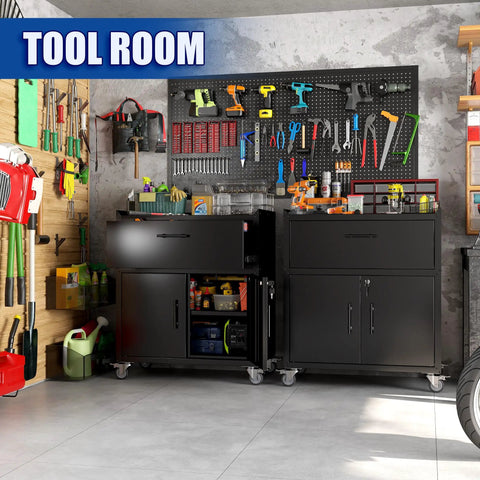 35-Inch Heavy Duty Tool Storage Cabinet With Slick Rolling Lockable Casters Black Garage Tool Workhorse Mobile Tool Cart Featuring Knockout Organization And Dead Silent Swivel Wheels in tool room with organized tools.