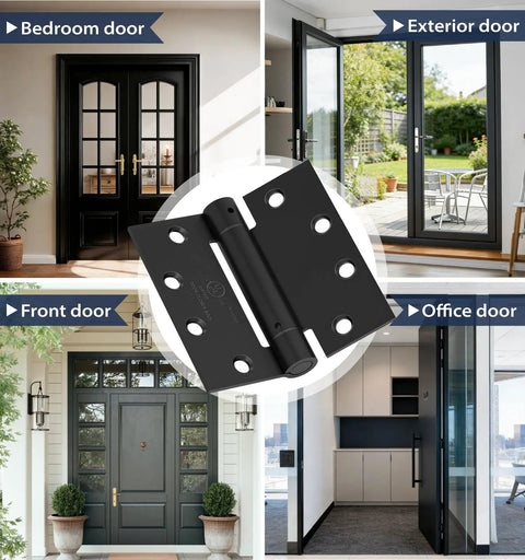 3 Pack Self-Closing Door Hinges, 4.5 Inch Spring Hinges With Adjustable Tension, Square Corner, Black UL Listed installed on bedroom, exterior, front, and office doors