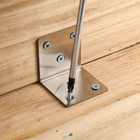 Heavy Duty Right Angle Corner Brackets With Screws For Drawer Repair And Furniture Fixes Solid Steel Corner Braces installed on wood