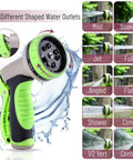 Close-up of 10-function spray nozzle for Stainless Steel Garden Hose With 10 Function Spray Nozzle, 100 Ft No Kink Metal Water Hose Built To Last For Lawn Car Wash And Outdoor Cleaning, Tough Flexible And Ultra Durable, showcasing different spray settings like mist and jet.