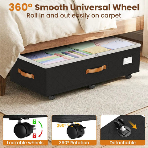 Adjustable Under Bed Storage Bins With Smooth Rollers Rolling Closet Organizers For Clothes And Shoes Flexible Height Expands To Fit All Frames gliding smoothly on carpet with 360° rotating wheels.