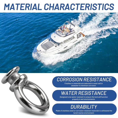 Replacement Boat Fender Eye Set for Quick Release Bumper Hanger Clips and Locks, stainless steel, shown with yacht background