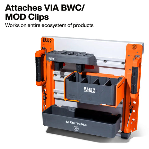 Heavy Duty Tray Module Rail System Attachment With 25-Pound Load Rating for storage on man lifts and scissor lifts.