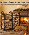 Heavy Duty 31 Inch Firewood Rack With Hooks 2-Tier Log Holder near fireplace, cozy living room, steel construction, wood stored