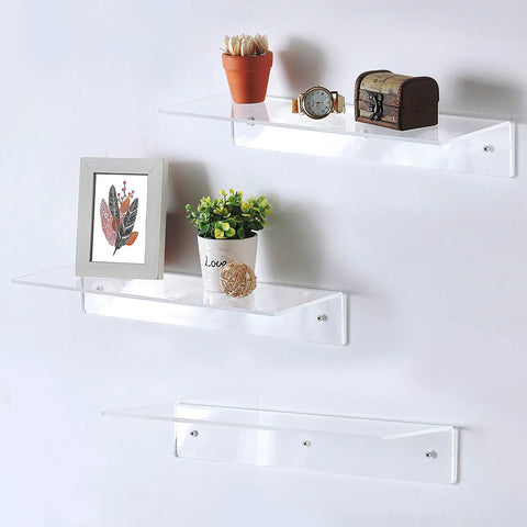 Set Of 3 Premium Clear Acrylic Floating Wall Shelves Modern Display Rack Home Decor with plants and decor items