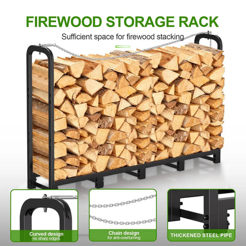8Ft Heavy Duty Firewood Rack With Cover for Indoor and Outdoor Use, rugged steel log holder fully loaded with firewood