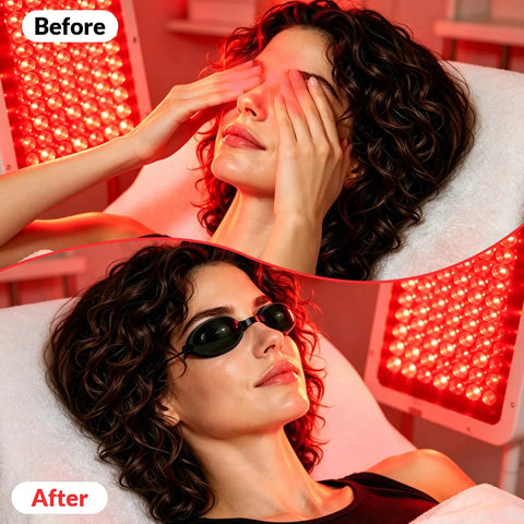 Straight Up The Best Red Light Therapy Glasses With Half Clear Lenses offer eye protection during red light treatment.