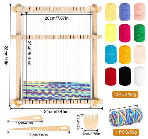 Beginner Friendly Weaving Loom Kit 9 By 11 Inch Wooden Frame includes yarn pack with tools for kids and adults, shown with measurements.