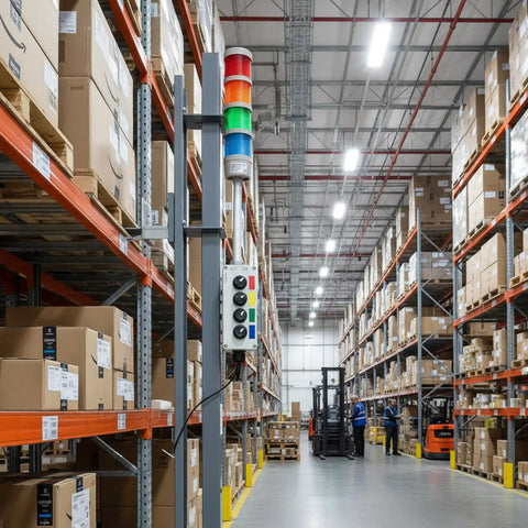 Slick Four Stack Led Andon Tower Light For Busy Factory Floors And Production Lines With Bright Status Alerts And Dead Reliable Performance For Tough Workshop Rigs, mounted in a warehouse.