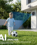 Child playing in garden with Solar Powered Outdoor Security Camera With 2K 360 Degree View Wireless WiFi Color Night Vision PIR Detection Two Way Audio Motion Alerts Easy Setup No Wires No Fuss mounted on house.