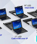 Image showing 6 different rack mount KVM consoles, including Slick 16 Port Rack Mount Kvm Switch With Usb Vga Hdmi Support Over Cat6 Rj45 Cables For Long Distance Server Management No Sweat Setup And Dead Simple Operation For Any Tech Crew.