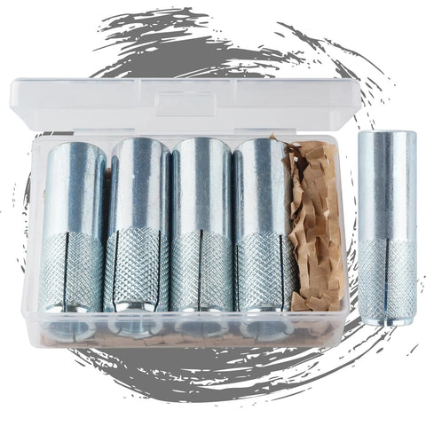 Drop-In Anchors 1/4-20 Zinc-Plated For Concrete, 100 Pieces in a plastic box, showcasing front view of industrial-strength expansion bolts.