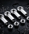 Rock Solid 4 Pack 1/2 20 Thread Rod End Bearing Heim Joints With Corrosion Resistant Jam Nuts for Hydraulics displayed on a dark surface.