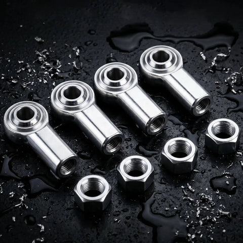 Rock Solid 4 Pack 1/2 20 Thread Rod End Bearing Heim Joints With Corrosion Resistant Jam Nuts for Hydraulics displayed on a dark surface.