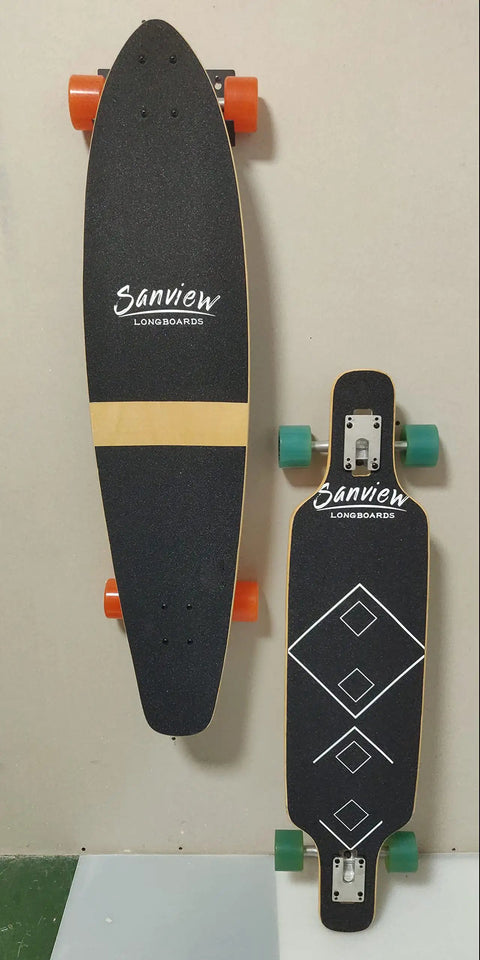 Two longboards displayed on a wall mount rack, showcasing Heavy Duty Steel Skateboard Wall Mount Rack Secures Decks For Garage Storage Rad Display Setup And Shields Boards From Nasty Floor Scuffs While Daily Rolling.