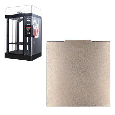 Solid Double Sided Pei Texture Spring Steel Build Plate With Magnetic Base For 3D Printers next to a 3D printer, showing design and texture.