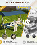 Comparison of upgraded 3 seat porch swing with canopy and stand, featuring 180 degree recline, blue square tube, woman relaxing